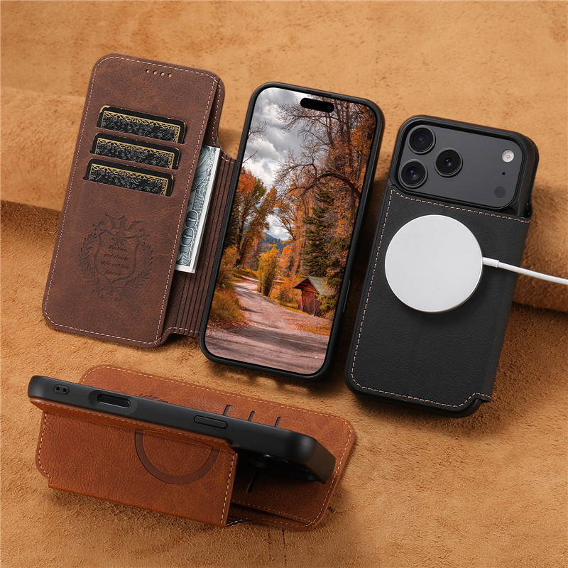 Leather Wallet Card Holder Phone Cover - レトロレザーウォレットフリップ強力マグネットカバー iPhone 12 13 14 15